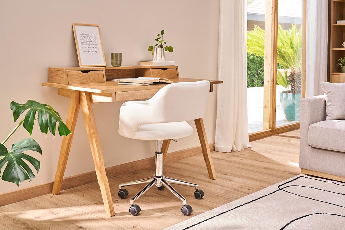 Chaise de bureau � roulettes design blanc et acier chrom� JESSY