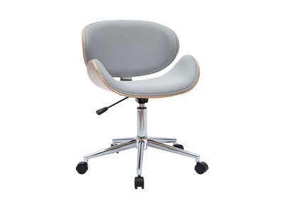 Chaise de bureau &agrave; roulettes design en tissu gris clair, bois clair et acier chrom&eacute; WALNUT