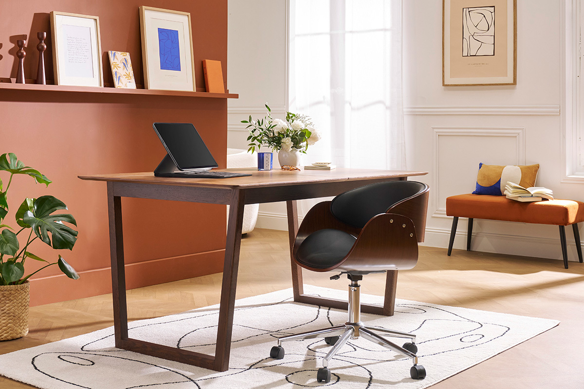 Chaise de bureau � roulettes design noir, bois fonc� noyer et acier chrom�  BENT