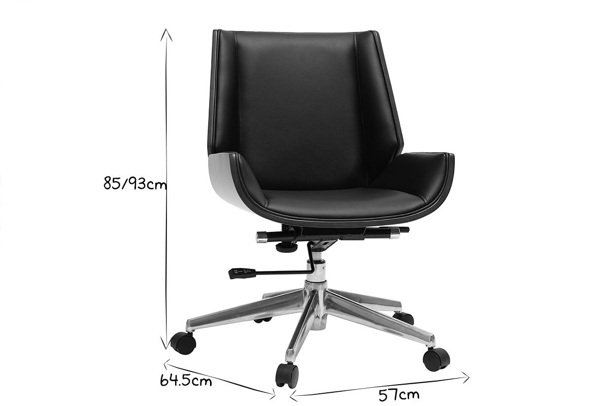 Chaise de bureau � roulettes design noir, bois fonc� noyer et acier chrom� CURVED