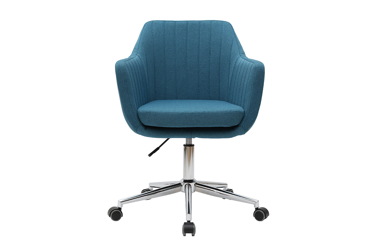 Chaise de bureau � roulettes en tissu bleu canard et acier chrom� ALEYNA