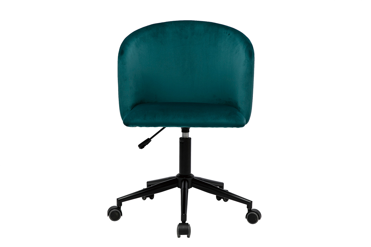 Chaise de bureau en velours bleu p�trole avec roulettes, vue de face.