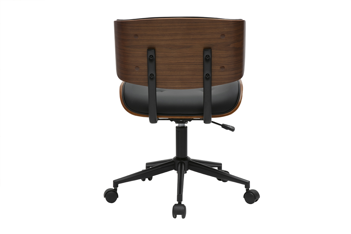 Chaise de bureau noire et bois fonc� BASILE avec pi�tement m�tal et roulettes, vue de dos.