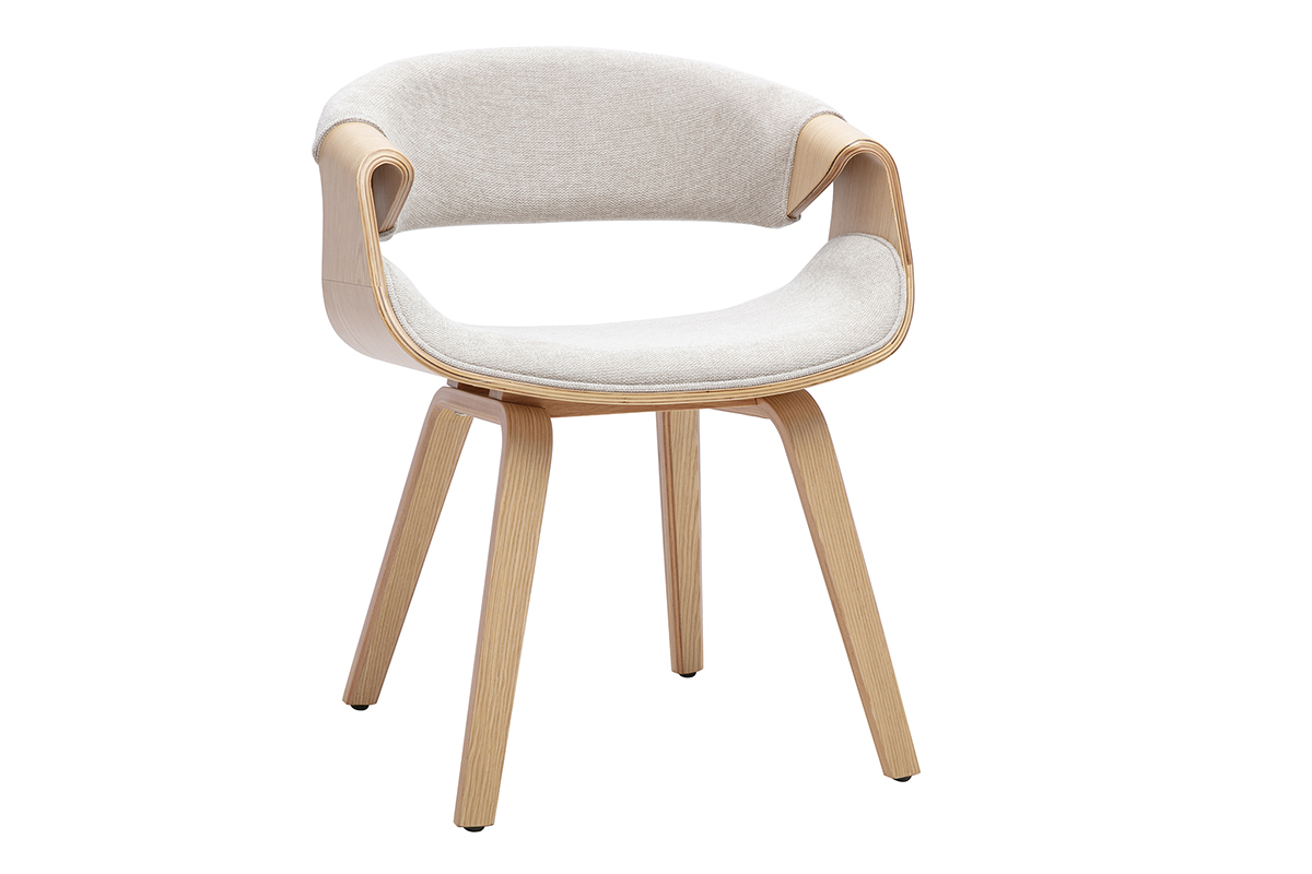 Chaise design ARAMIS en tissu beige effet velours et bois clair, vue de 3/4