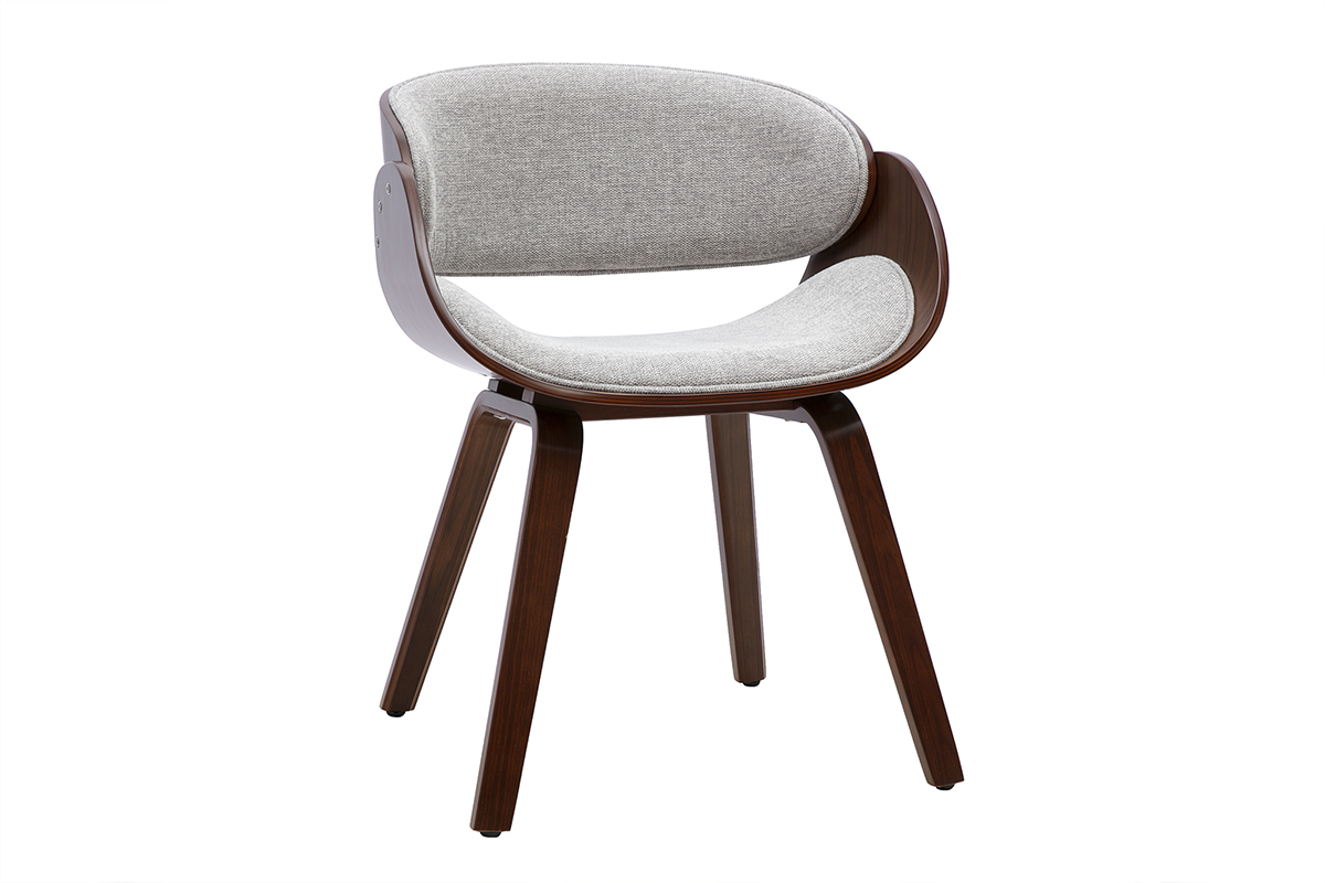 Chaise design BENT en tissu velours gris avec accoudoirs et pi�tement en bois fonc�, vue de 3/4.