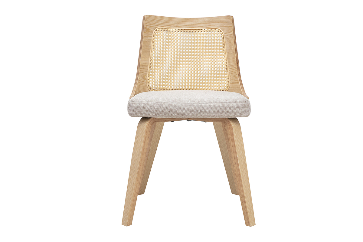 Chaise GARBO en tissu beige, bois clair et cannage rotin, vue de face