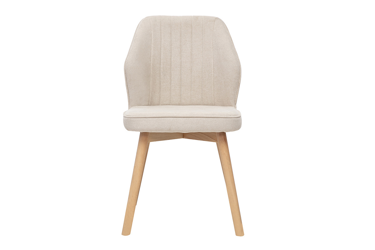 Chaise design en tissu velours beige et pieds en bois clair, vue de face.