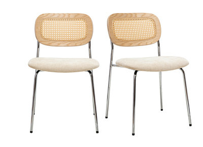 Chaises design en tissu effet velours textur&eacute; beige, m&eacute;tal chrom&eacute; et cannage rotin (lot de 2) MIRANDA