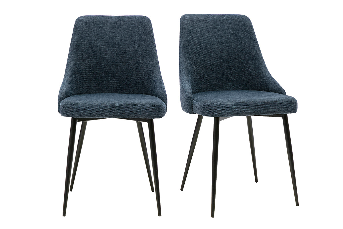 Lot de 2 chaises design en tissu bleu fonc� et m�tal noir, vue de face.