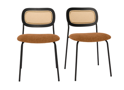 Chaises design en tissu effet velours textur&eacute; terre brul&eacute;e, m&eacute;tal noir et cannage rotin (lot de 2) MIRANDA