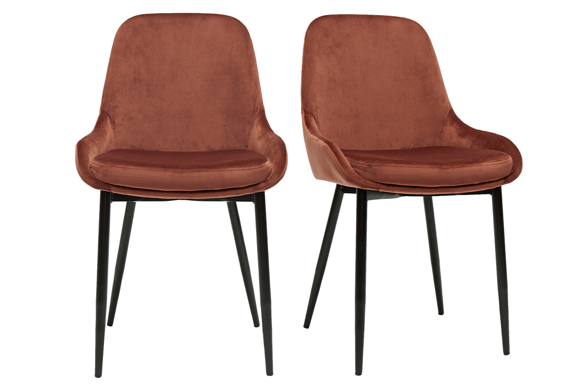 Deux chaises en velours rouge tomette et m�tal noir, vue de face.
