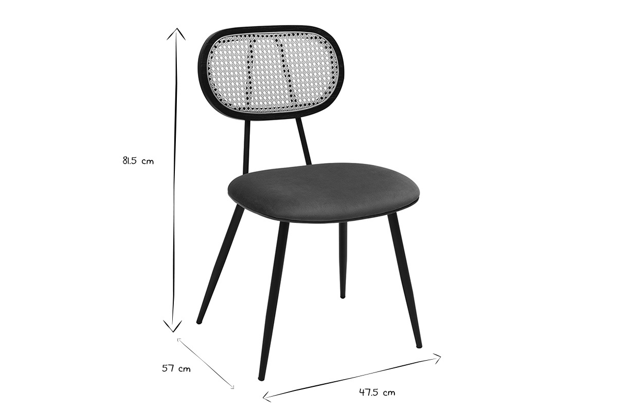 Chaise SWANN avec dimensions 81,5 cm hauteur, 47,5 cm largeur, 57 cm profondeur en noir et blanc.