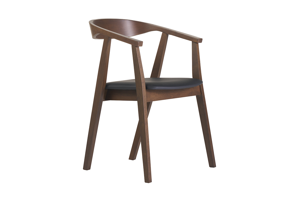 Chaise scandinave en bois fonc� avec accoudoirs et assise noire, vue de 3/4.