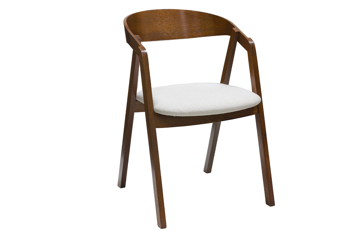 Chaises vintage empilables en bois teint� noyer et tissu effet laine boucl�e blanc (lot de 2) LOVA