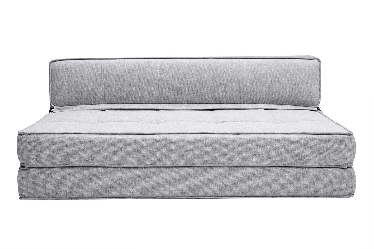 Chauffeuse 2 places convertible en tissu gris clair, vue de face.