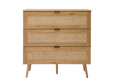 Commode finition bois clair, cannage en rotin et m&eacute;tal noir 3 tiroirs L100 cm MANILLE