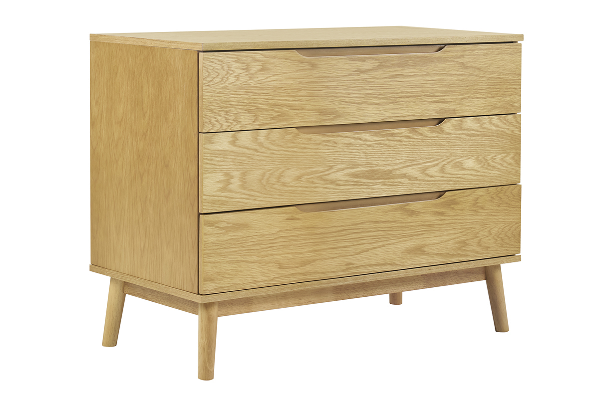 Commode scandinave en ch�ne clair 3 tiroirs vue de trois quarts.
