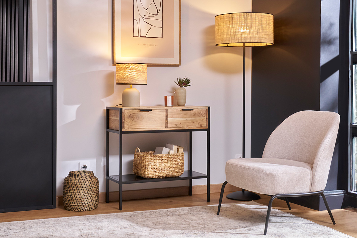 Console avec rangements 2 tiroirs en bois massif et m�tal noir L80 cm ARTHUS