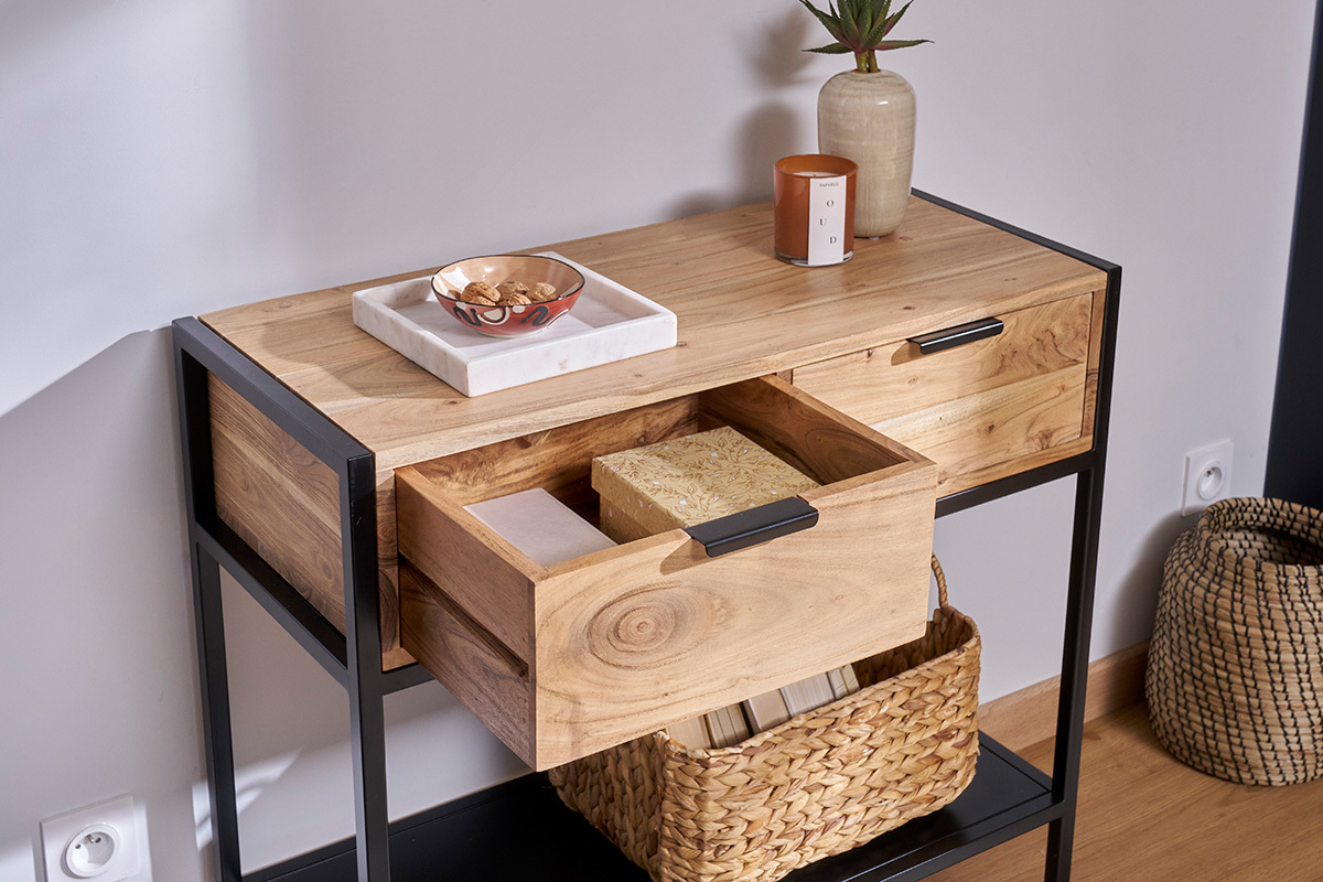 Console avec rangements 2 tiroirs en bois massif et m�tal noir L80 cm ARTHUS