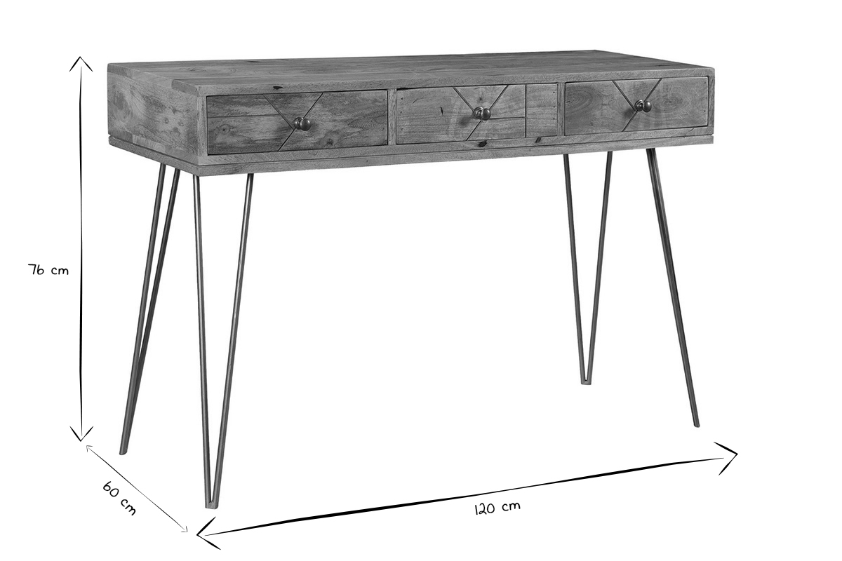 Console avec rangements 3 tiroirs en bois manguier massif grav� et m�tal dor� L120 cm LINIUM