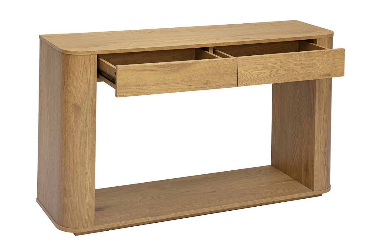 Console bois clair ch�ne avec 2 tiroirs, vue de 3/4, design �pur�.