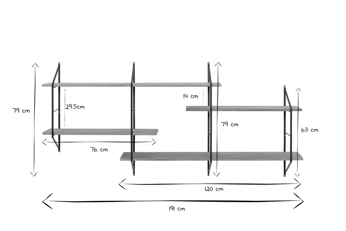 Etag�re murale XL modulable en bois clair et m�tal noir L191 cm BRIDGE