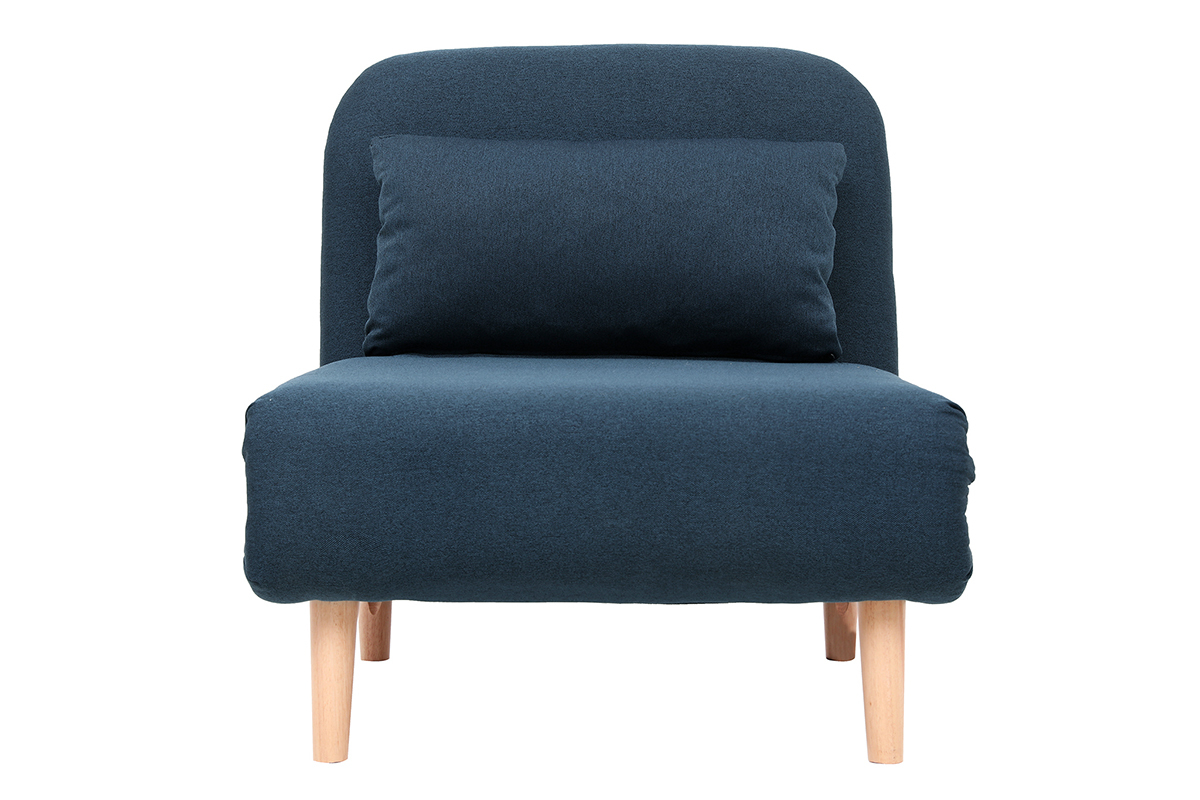 Fauteuil convertible en tissu bleu fonc� et pieds en bois, vue de face.
