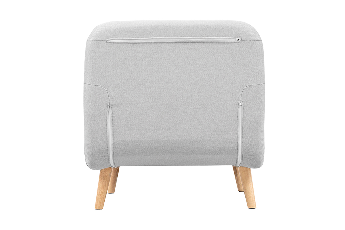 Fauteuil convertible AMIKO en tissu gris clair, vue de dos, pieds en bois clair.