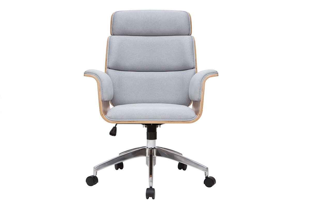 Fauteuil de bureau design gris clair, bois, acier, vue de face avec roulettes.