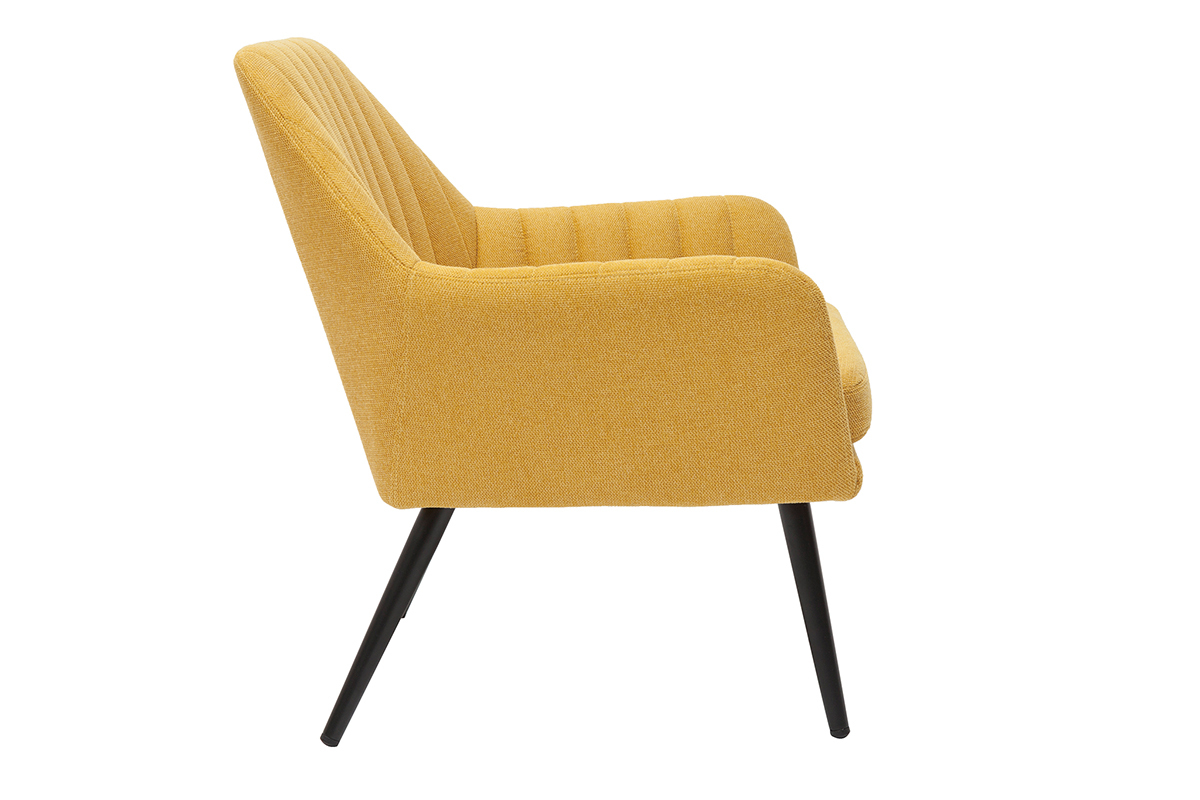 Fauteuil design GASTON en tissu jaune moutarde, vue de profil avec accoudoirs �vas�s et pieds en m�tal noir.