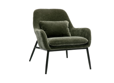 Fauteuil design en tissu effet velours vert kaki et m&eacute;tal noir MAXINE