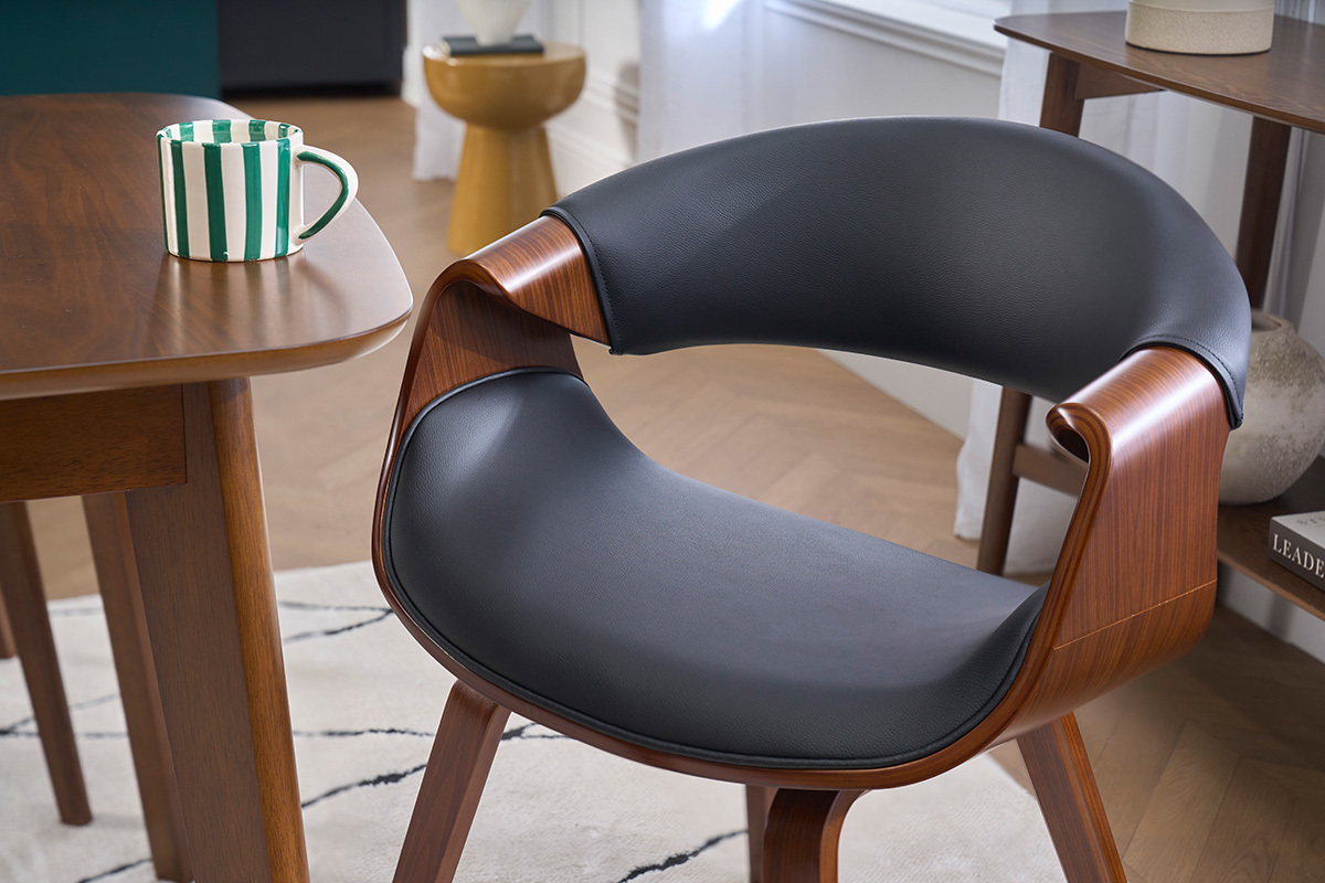 Fauteuil design noir et bois fonc� noyer ARAMIS