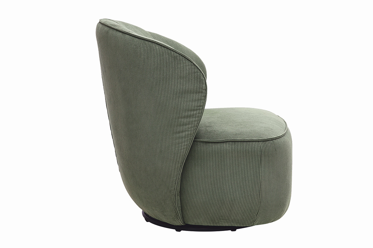 Fauteuil design pivotant en tissu velours c�tel� vert kaki, vue de c�t�