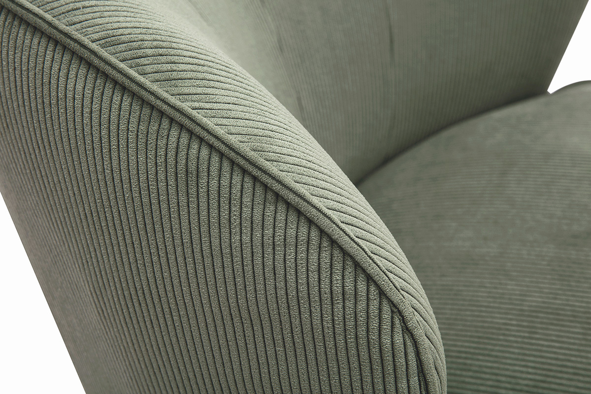 D�tail du fauteuil design pivotant en tissu velours c�tel� vert kaki AMBER, vue rapproch�e