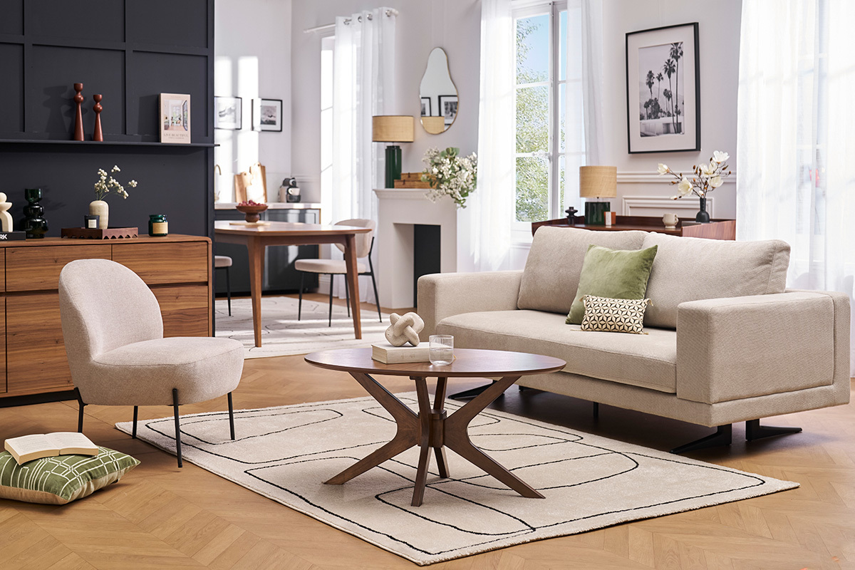 Fauteuil en tissu effet velours textur� beige et m�tal noir BELEY