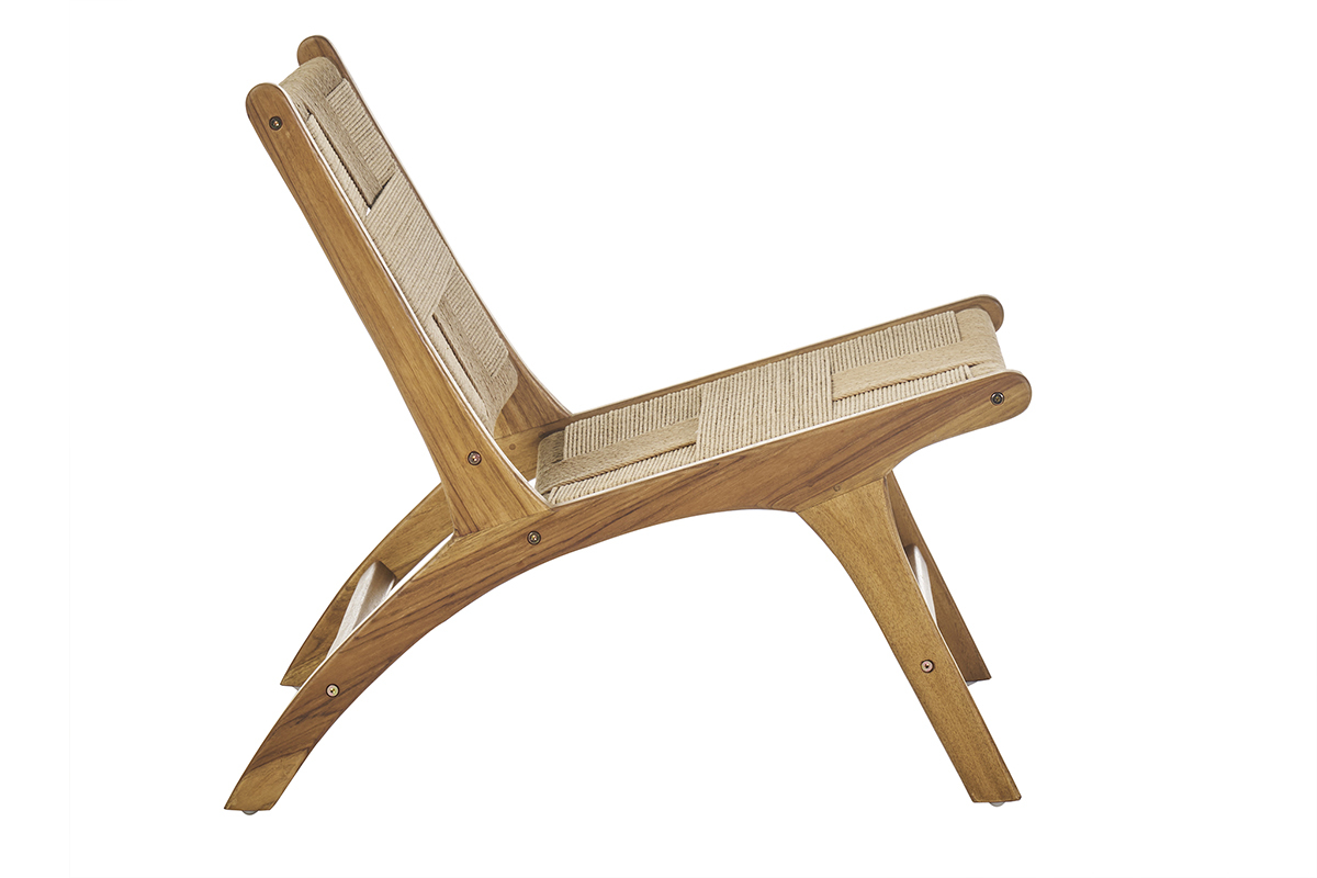Fauteuil lounge YARI en teck massif et corde tress�e, vue de profil.