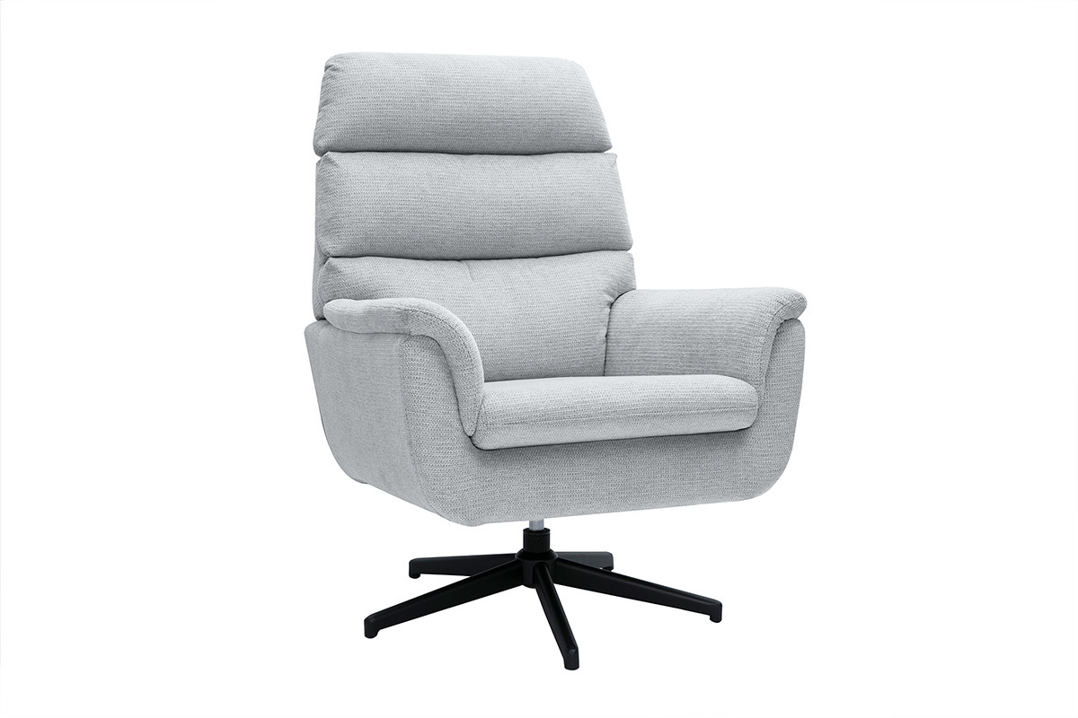 Fauteuil pivotant gris en tissu chenille avec base en m�tal noir, mod�le JONAH