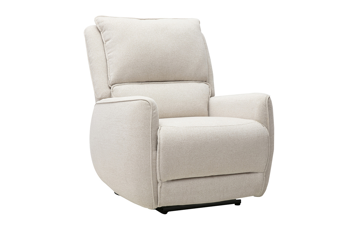 Fauteuil relax �lectrique beige RACHEL, vue de 3/4, avec accoudoirs et coussins moelleux.