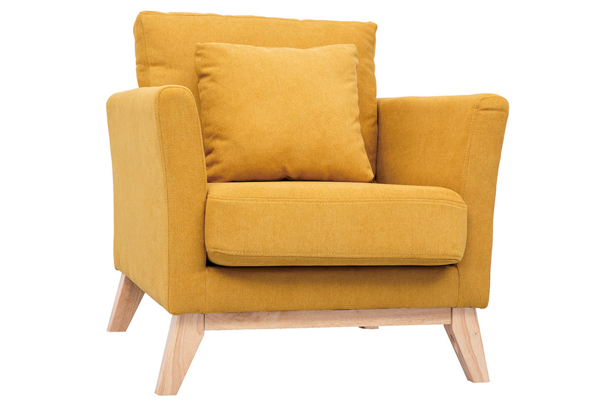 Fauteuil scandinave d�houssable en tissu effet velours jaune moutarde et bois clair OSLO