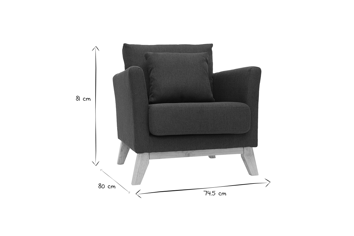 Dimensions du fauteuil OSLO en noir et blanc, L74.5 x P80 x H81 cm.