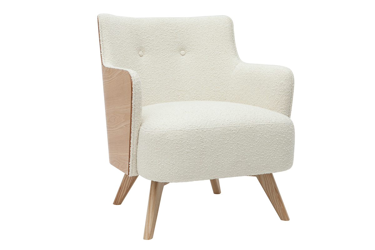 Fauteuil scandinave en tissu effet laine boucl�e blanc cass� et bois clair VALMY