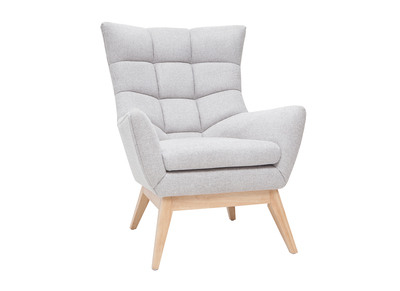 Fauteuil scandinave en tissu effet velours textur&eacute; gris clair et bois clair BRODY