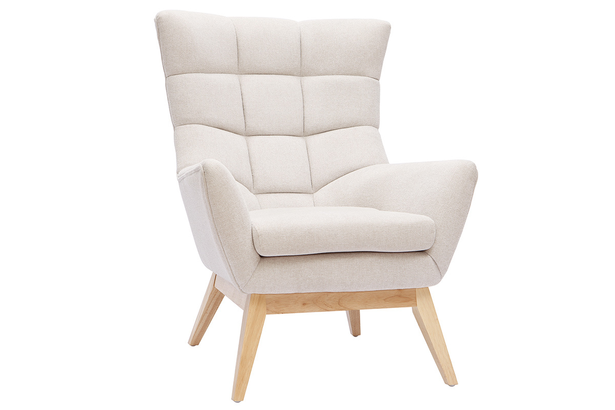 Fauteuil scandinave en tissu effet velours textur� naturel et bois clair BRODY