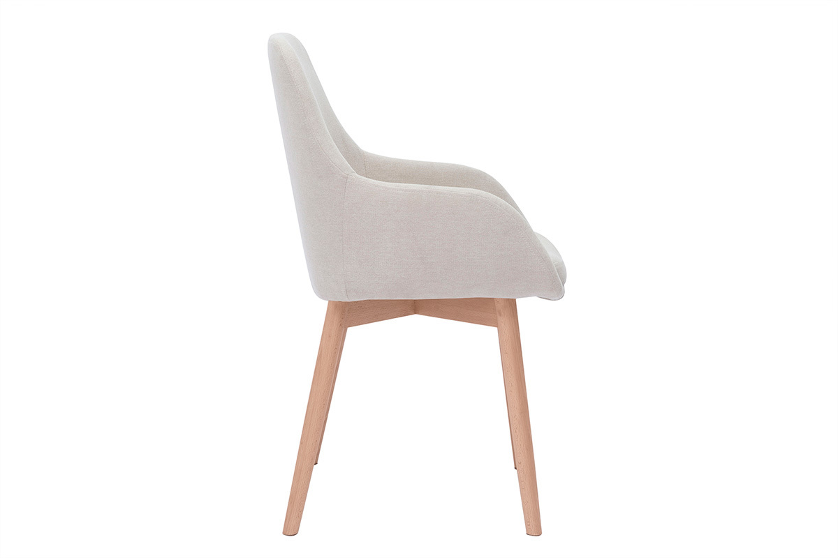Fauteuil scandinave beige en tissu et bois clair, vue de profil.