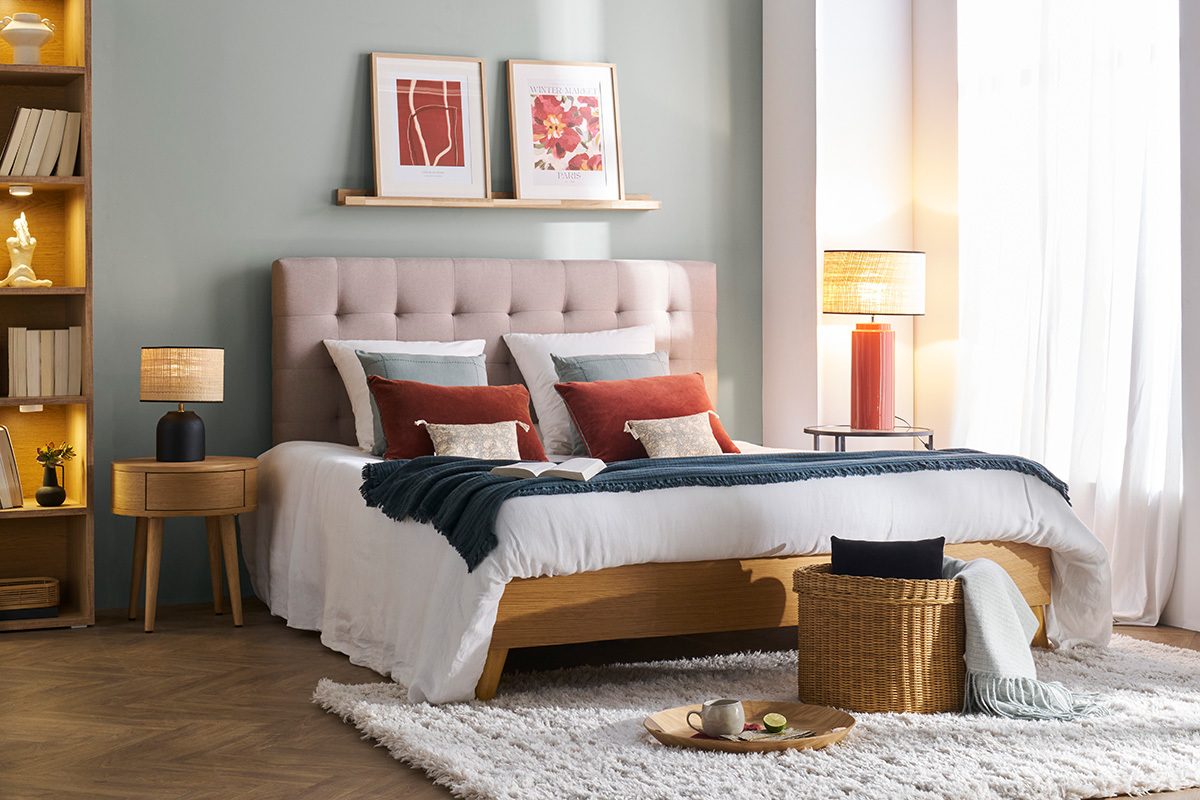 Lampe � poser en c�ramique �maill�e terracotta et abat-jour en raphia naturel H64 cm MAJES