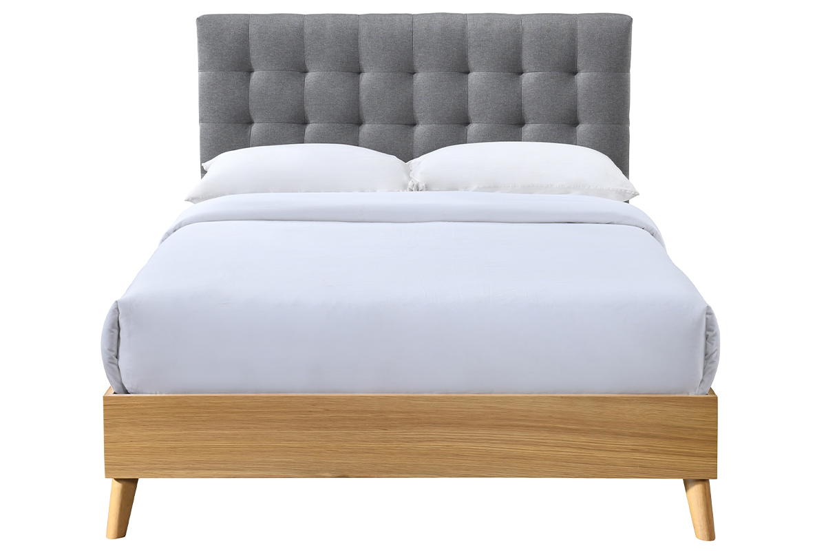 Lit 2 places 140x200cm en bois et tissu gris capitonn� LYNN
