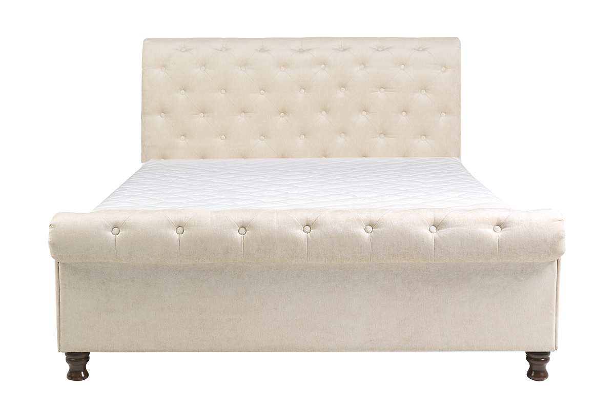 Lit 2 places 160x200 cm en tissu velours beige capitonn�, vue de face