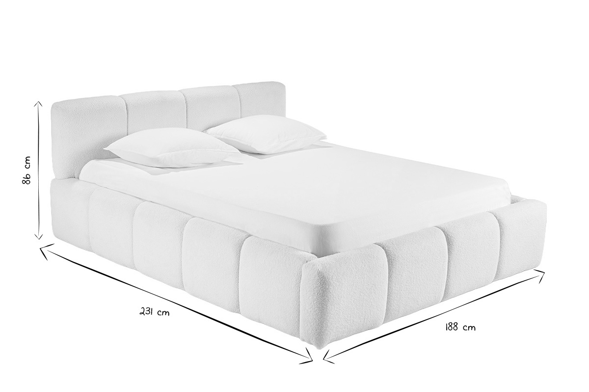 Lit coffre noir et blanc 160x200 cm en laine boucl�e, dimensions 231x188x86 cm.