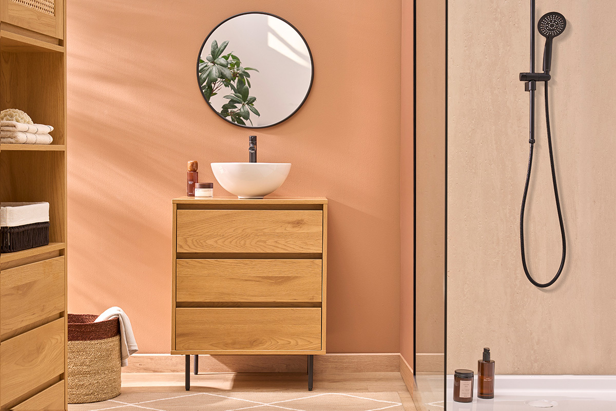 Meuble de salle de bain finition bois clair ch�ne et m�tal noir L60 cm ARAGON