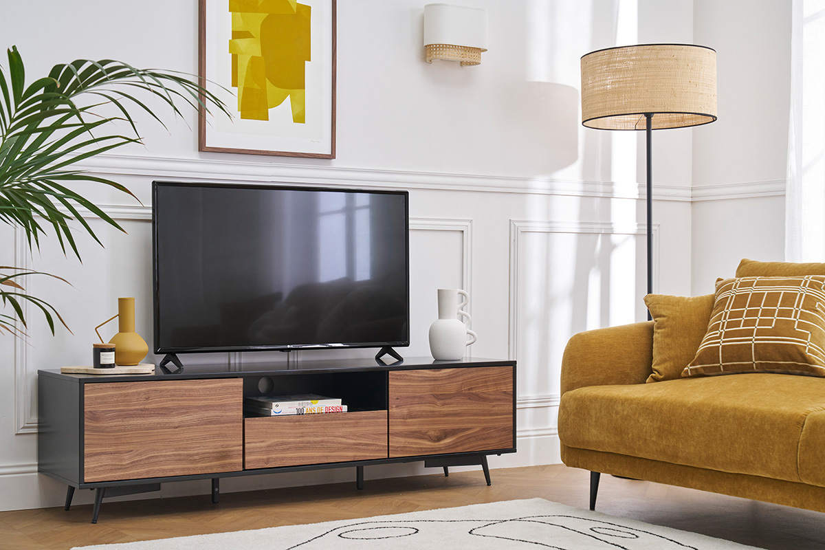 Meuble TV bois fonc� noyer, noir mat et m�tal noir 2 portes 1 tiroir L160 cm MERMOZ
